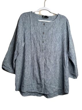 Fenini Linen Cotton Top Lagenlook Boho Oversized Henley Made In USA N24